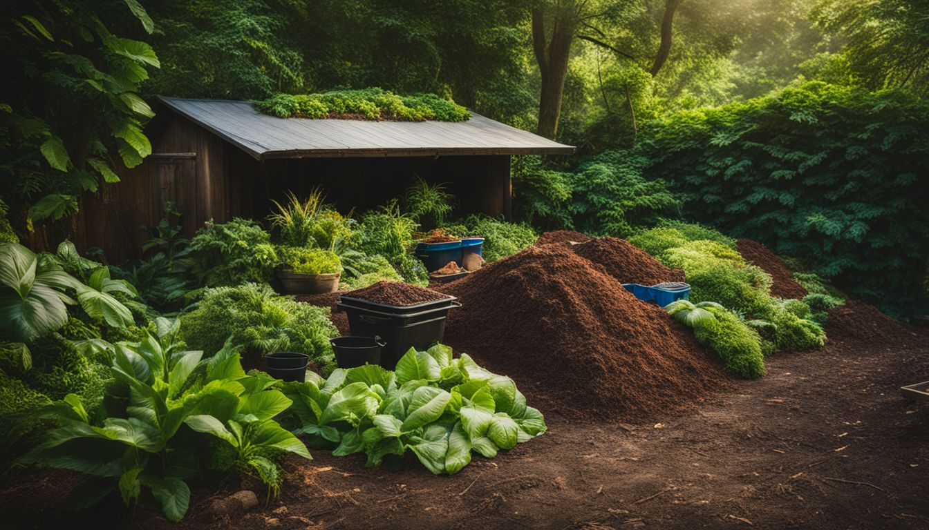 A compost pile surrounded by plants, with a diverse group of people and various compostable items.