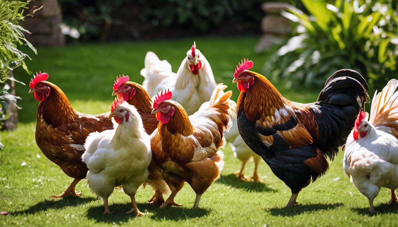 A diverse group of chickens pecking and scratching in a lush backyard.