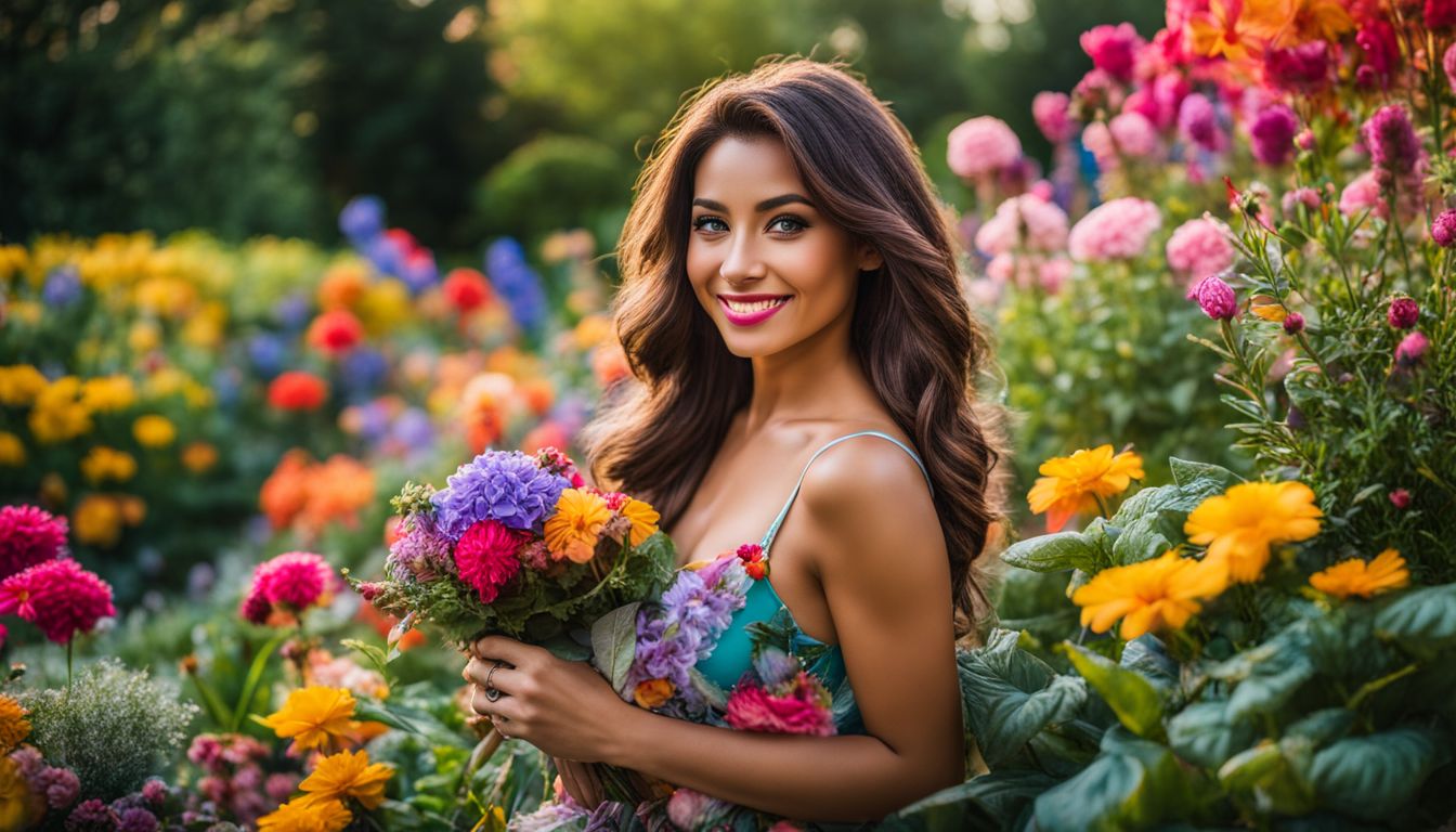 A vibrant garden with diverse people and beautiful flowers, captured with high-quality photography equipment.