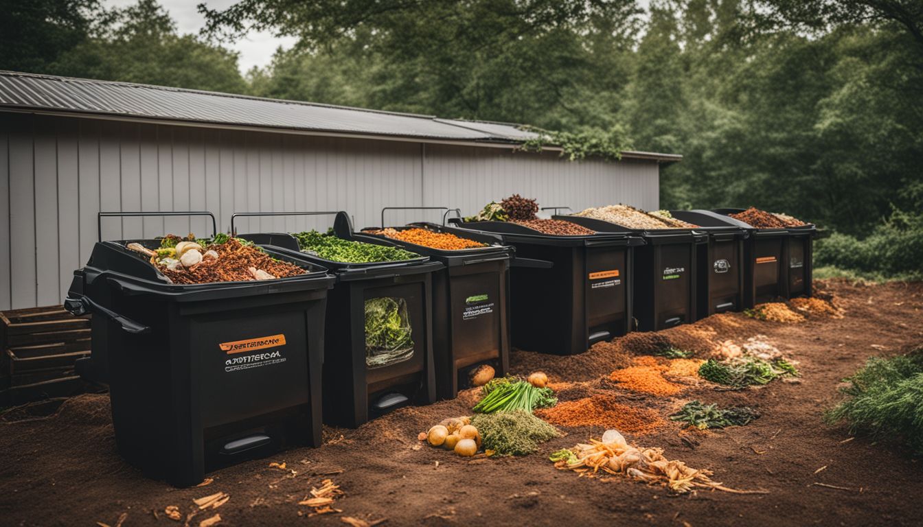 A composting station with diverse people, materials, and equipment, photographed in high quality.