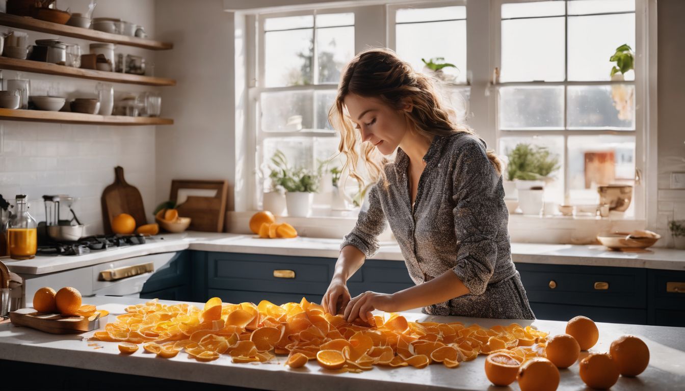A photo of a person cutting orange peels in a clean kitchen with different people, outfits, and hair styles.