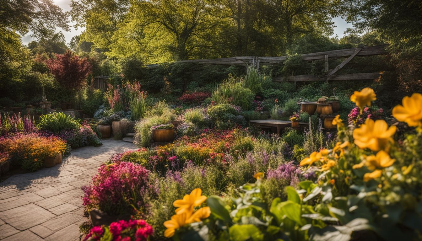 A diverse and lively garden with beautiful plants and flowers, captured in high-quality detail.