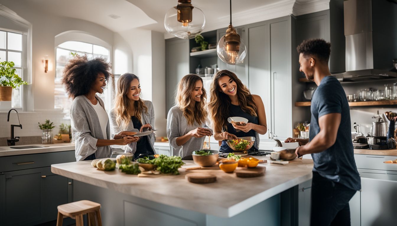 A diverse group of friends cook together and use a microwave in a well-lit kitchen.