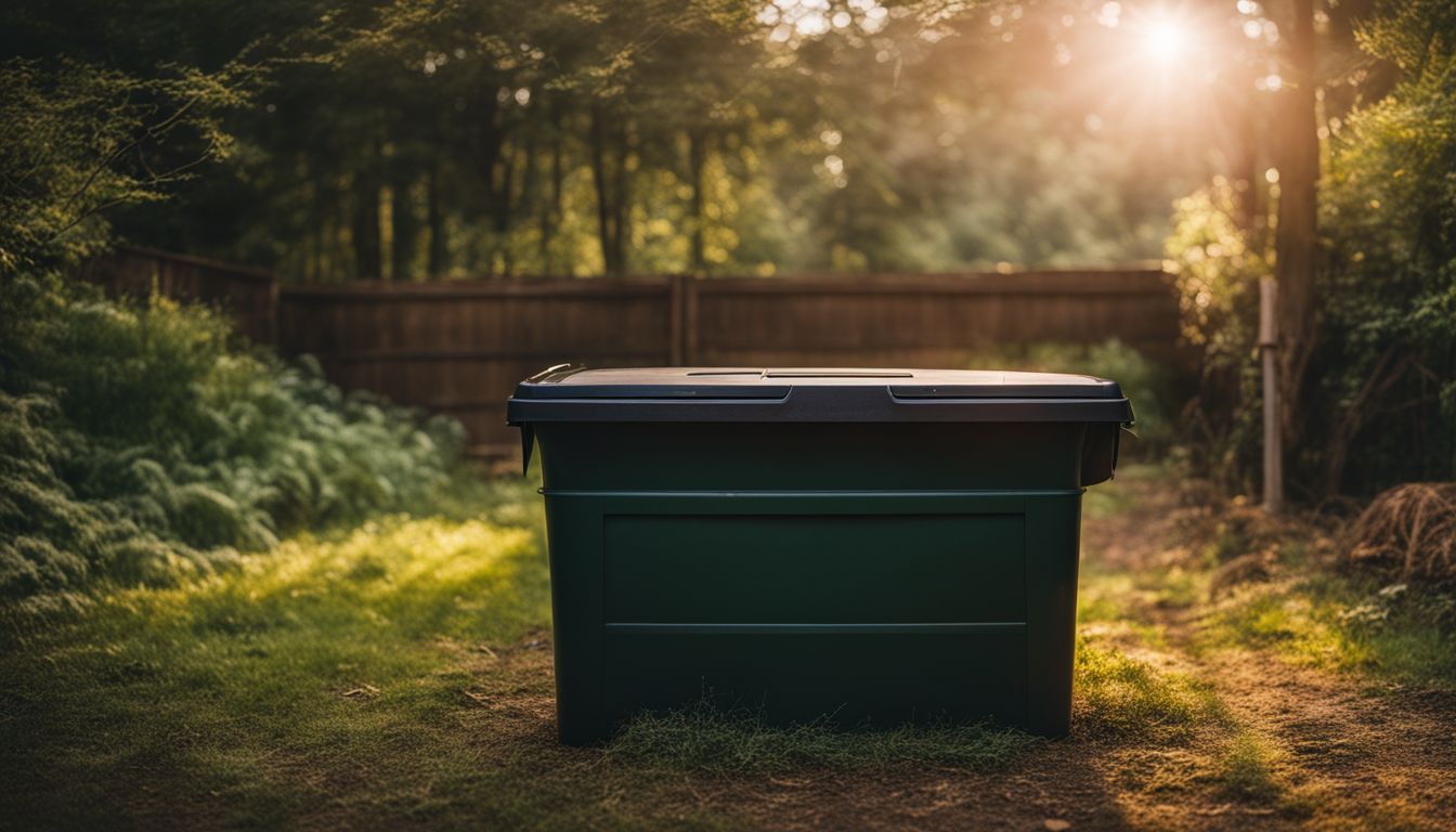 A compost bin surrounded by clean surroundings, featuring nature, different people, and outfits, in a lively atmosphere.