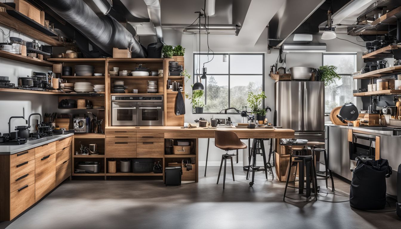 A photo of neatly organized installation tools and equipment surrounded by a modern kitchen environment.