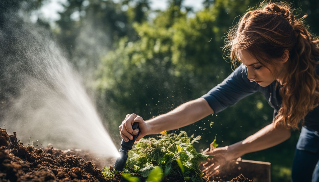 A misting spray bottle is being used to water a compost pile in a nature-themed photograph featuring diverse individuals.