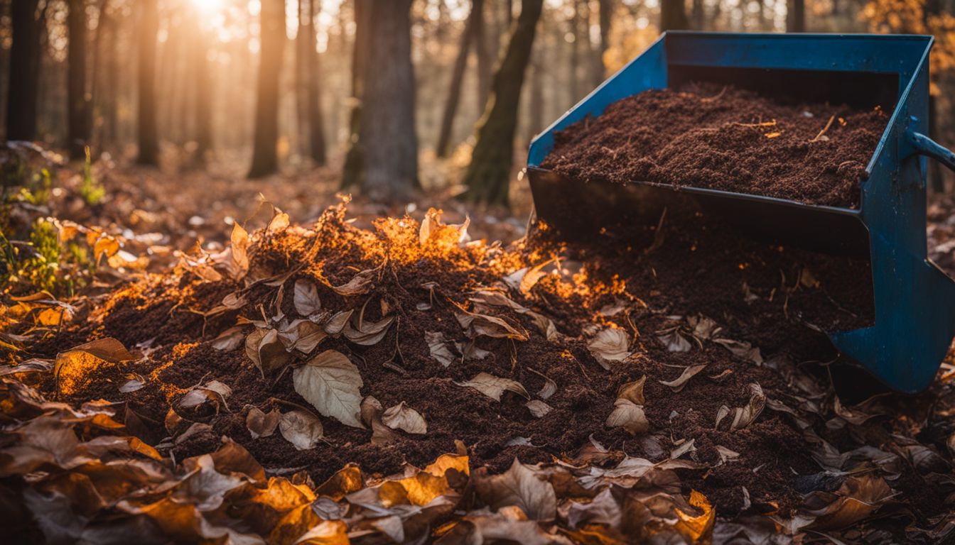 The image features a compost pile with a mix of dried leaves, grass clippings, and coffee grounds.