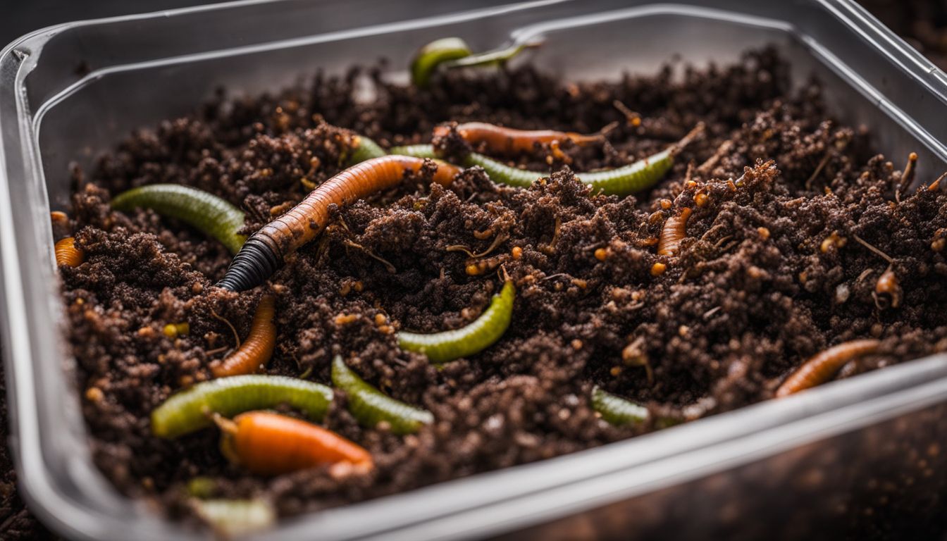 A photo of a thriving worm colony in a bin, with various organic food sources, taken in a cinematic style.
