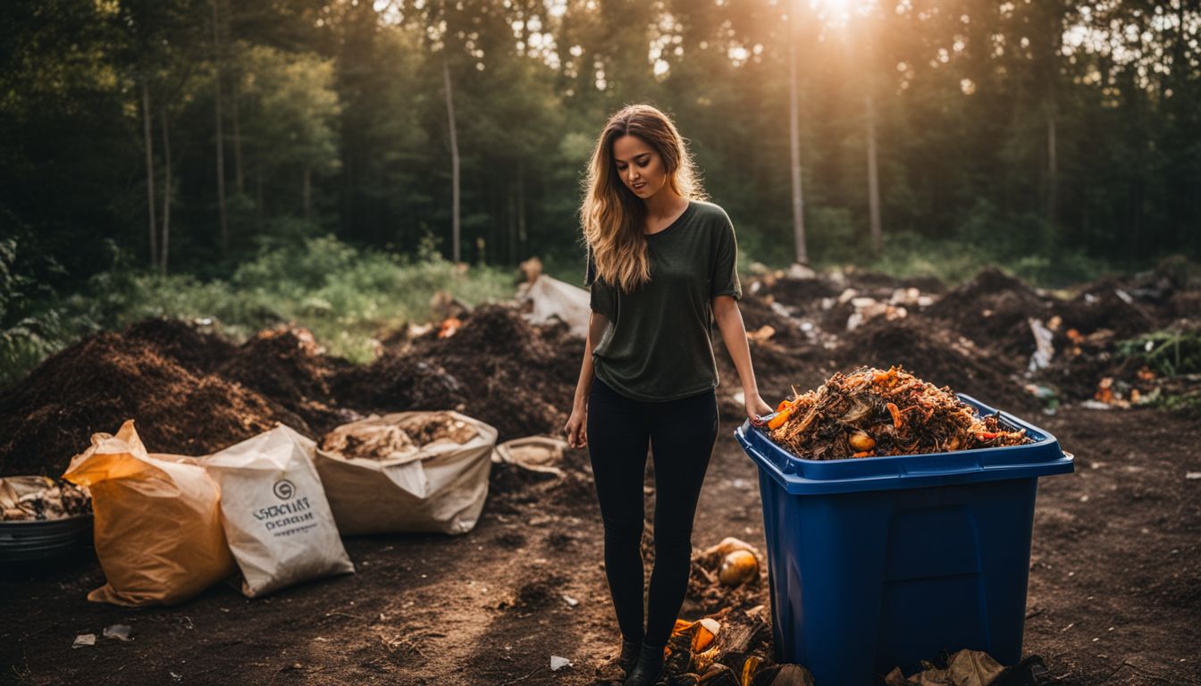 A person composting food scraps in a lively outdoor setting, with a variety of people and hairstyles.