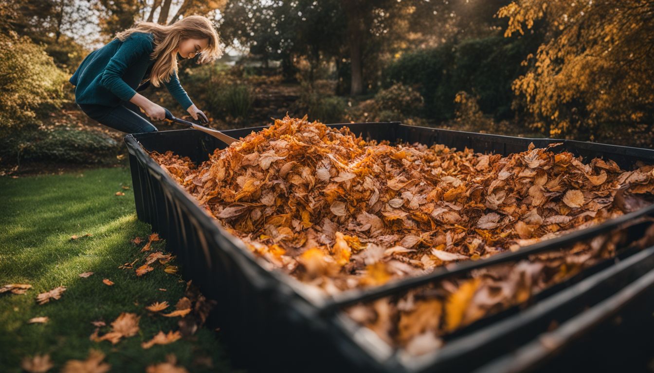 A diverse group of people compost fallen leaves in a backyard garden using various tools and techniques.