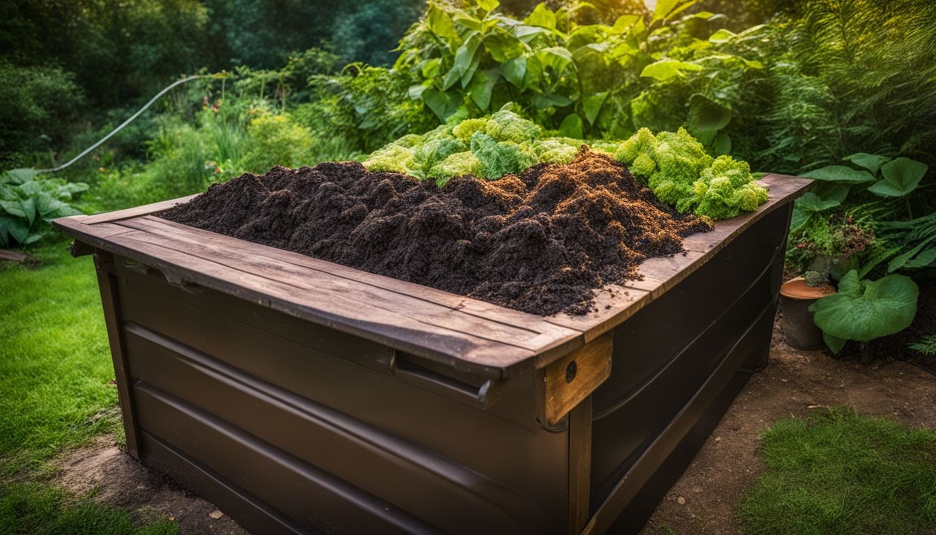 An overflowing compost bin in a lush garden, surrounded by diverse individuals, captured in high-quality photography.