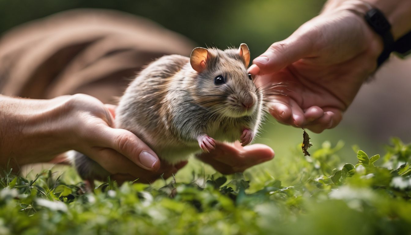 A person releases a captured rodent in a lush outdoor setting in a wildlife photography image.
