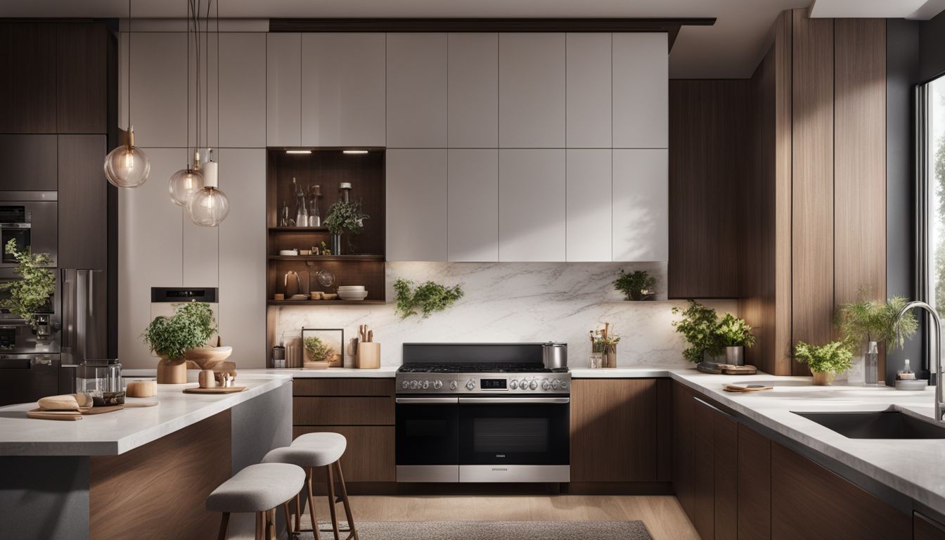 A stylish kitchen with a Samsung built-in microwave as the focal point, surrounded by modern appliances and sleek design.