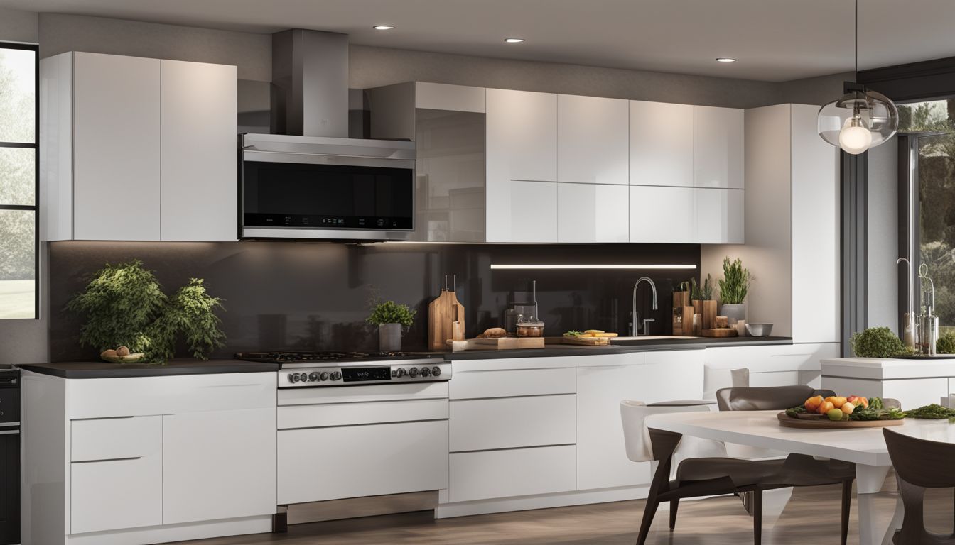 A modern kitchen featuring a sleek GE over-the-range microwave, with various detailed faces, hairstyles, and outfits.