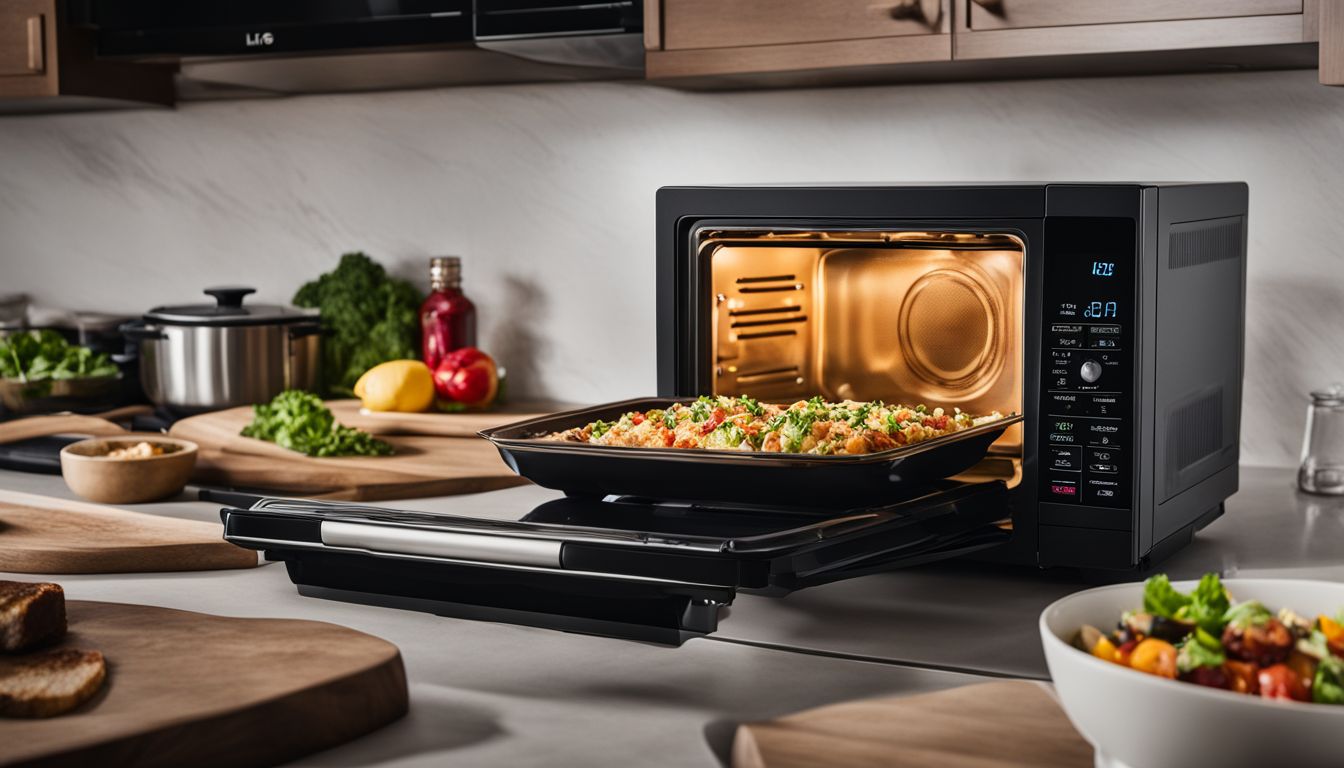 A perfectly cooked meal in an LG over-the-range microwave, with sensor cooking ensuring precise results.