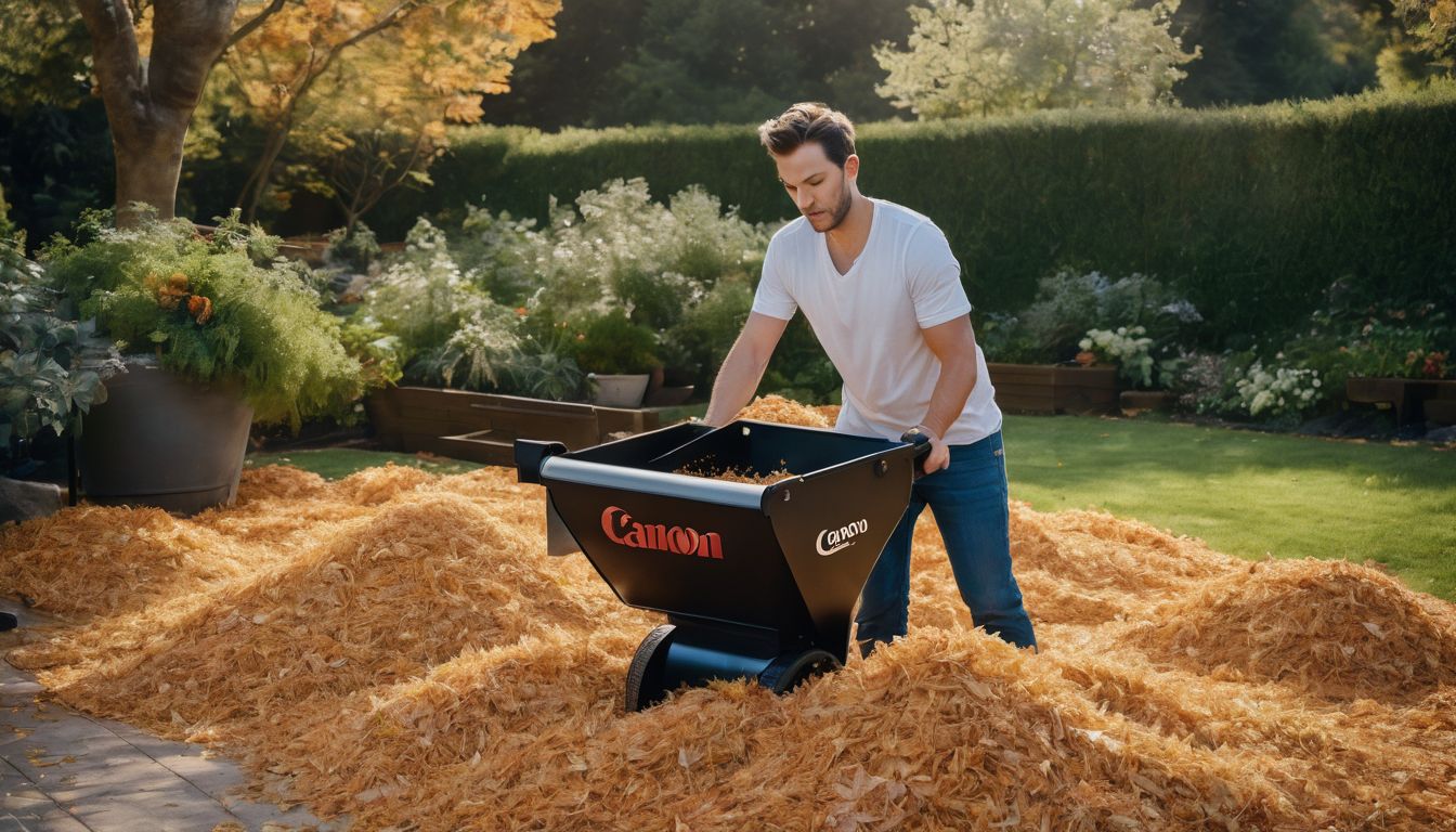 A person operating a leaf shredder in a garden surrounded by piles of shredded leaves.