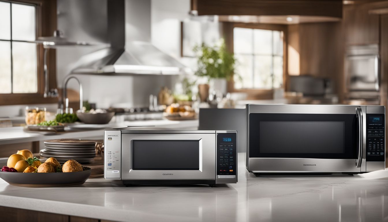 A variety of microwaves of different sizes and capacities lined up on a kitchen countertop in a bustling atmosphere.