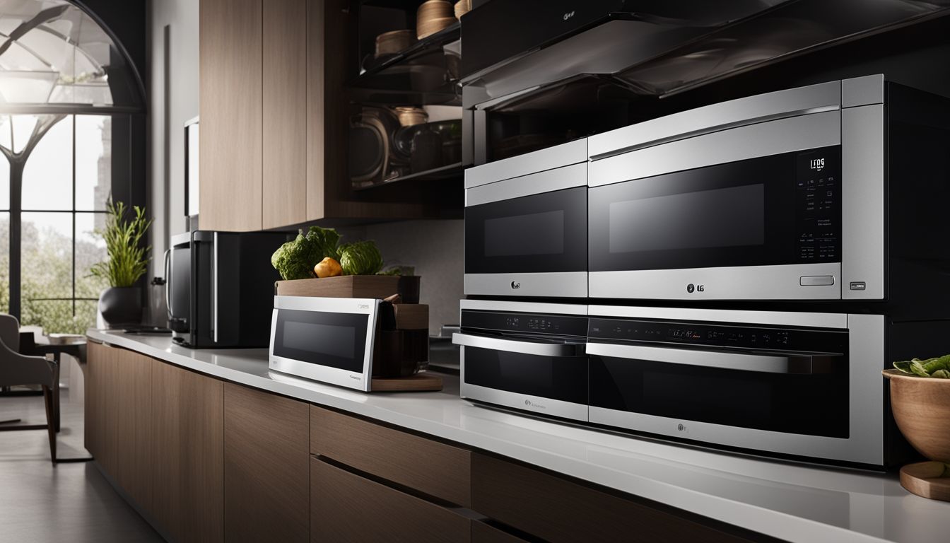 A variety of LG over-the-range microwaves displayed in a modern kitchen setting with different styles and sizes.