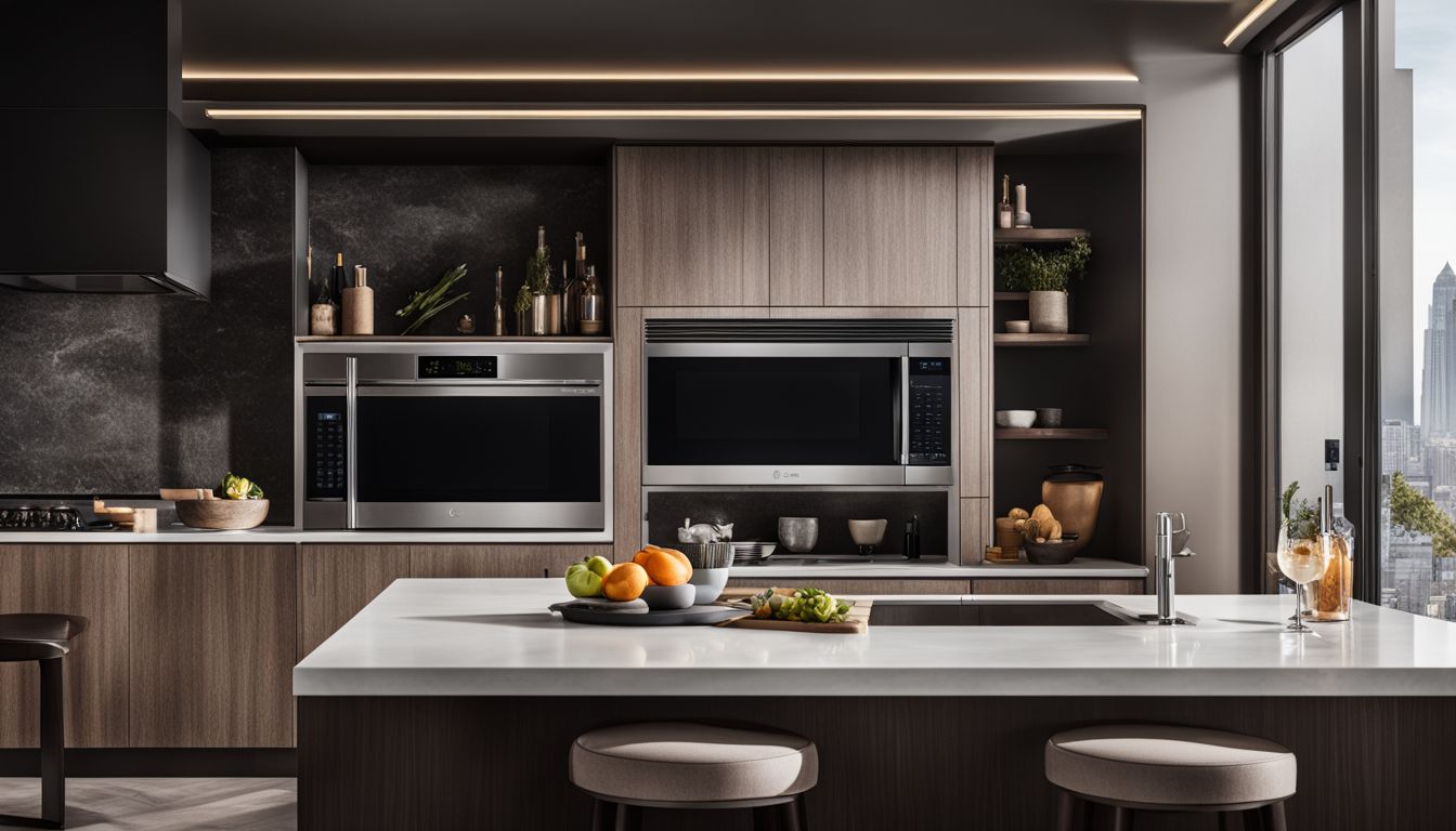 A stylish kitchen with a modern LG microwave connected to a smartphone, and various cityscape, portrait, and landscape photographs taken with professional cameras and lenses.