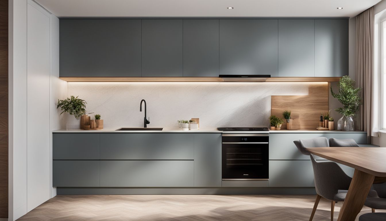 A minimalist kitchen with seamlessly integrated built-in microwave, captured in a bustling atmosphere with crystal clear details.