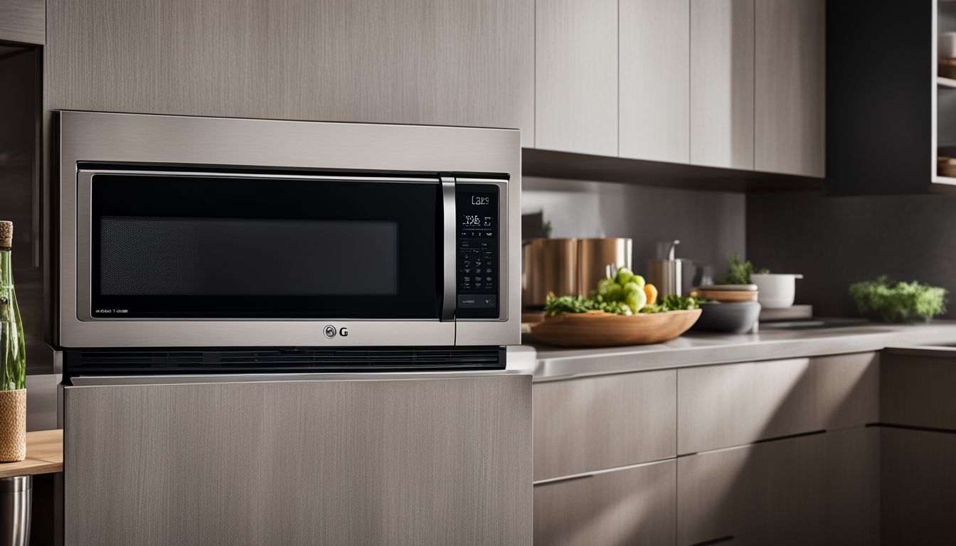 A sleek and modern stainless steel LG over-the-range microwave in a stylish kitchen environment.
