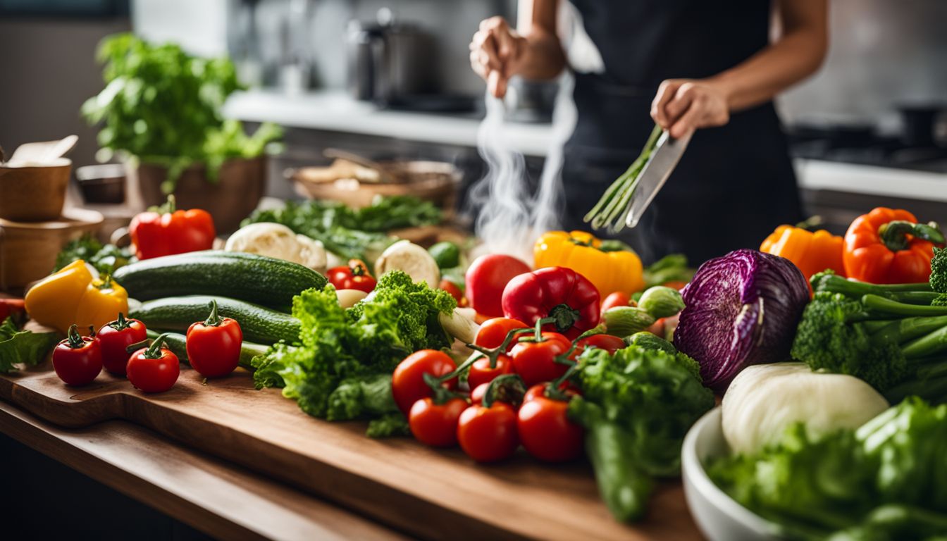 A photo of a steaming bowl of vibrant vegetables in a modern kitchen with various people and backgrounds.