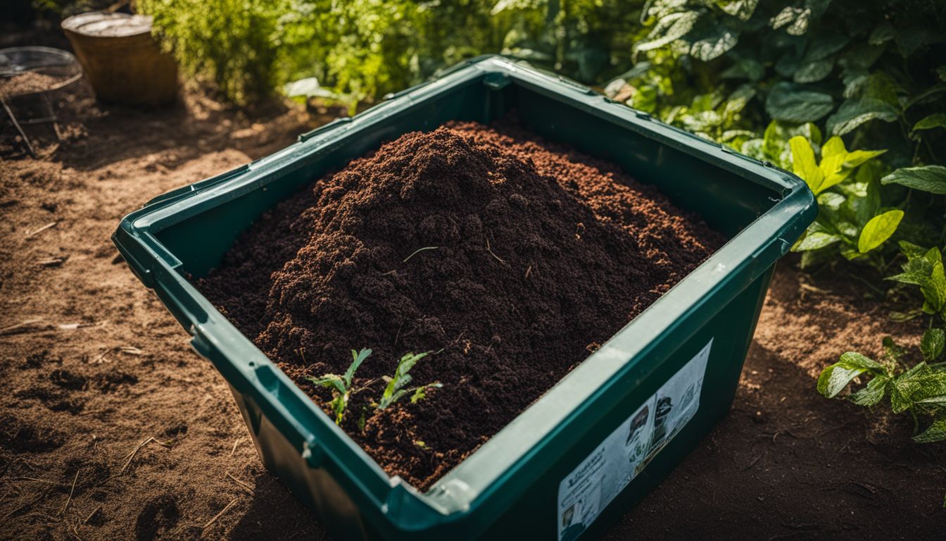 A storage bin filled with compost materials surrounded by a lush garden, with a diverse group of people.