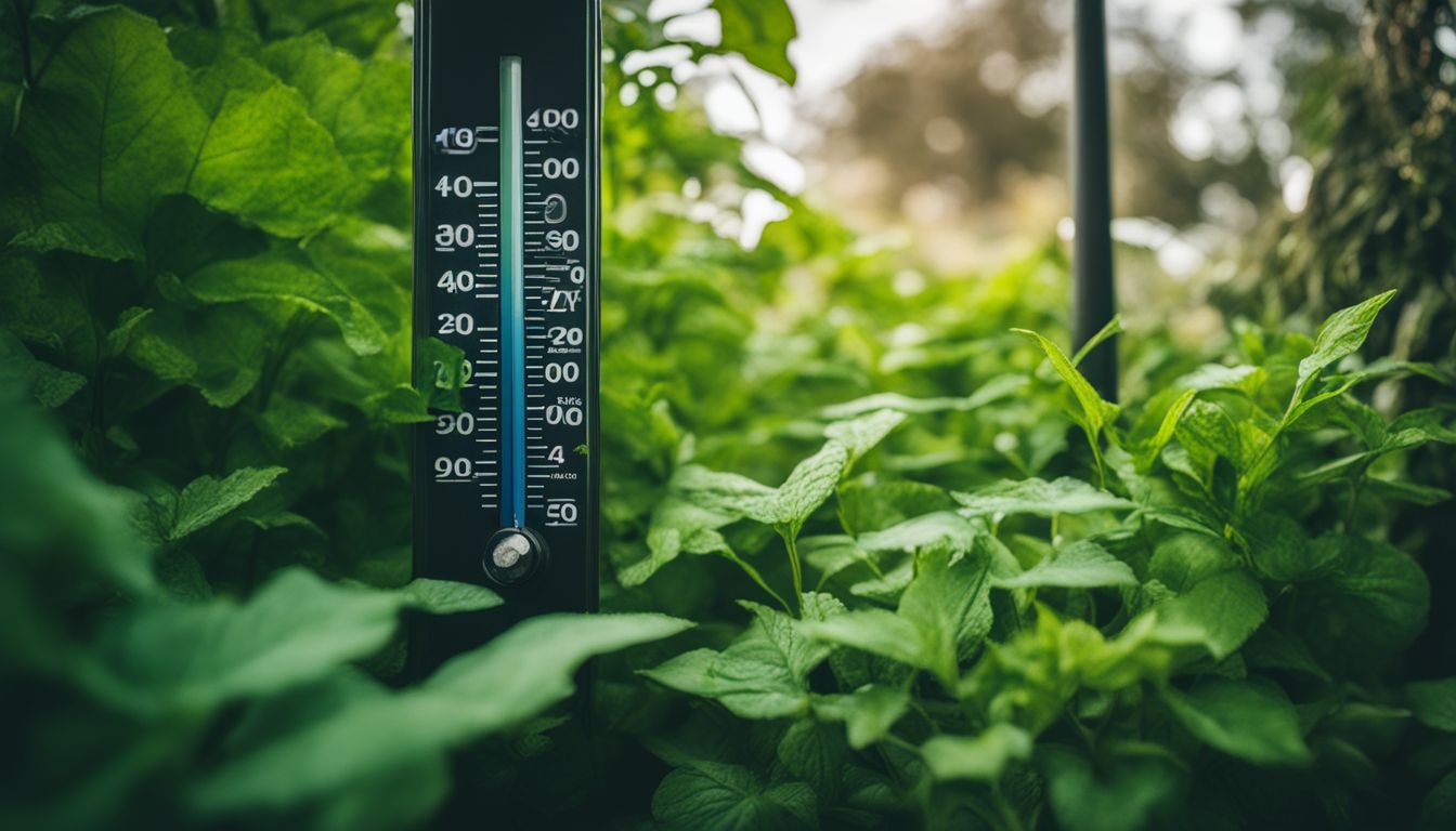 A photo of a thermometer in a garden with diverse people surrounded by plants.