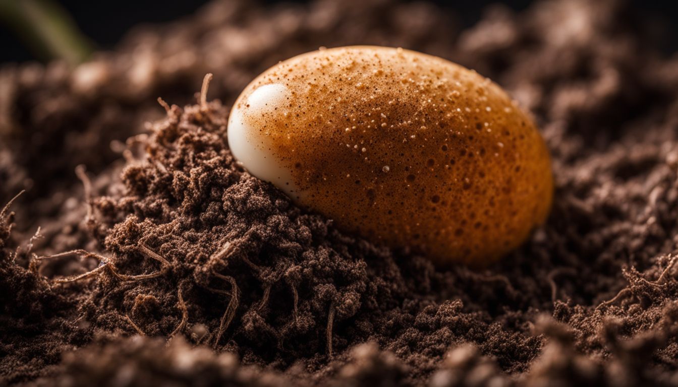 A close-up of a hatching composting worm egg surrounded by nutrient-rich soil.
