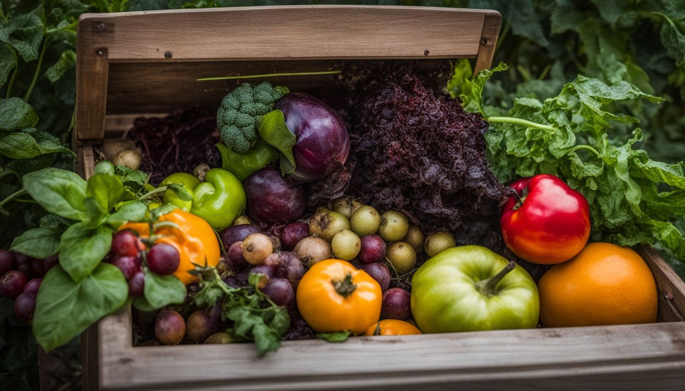 A compost bin filled with rotting produce surrounded by thriving plants, featuring diverse individuals with different styles and expressions.