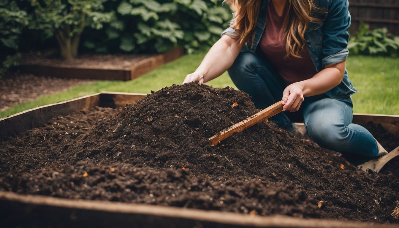 A person turns a compost pile in a backyard garden; diverse individuals with different appearances and outfits.