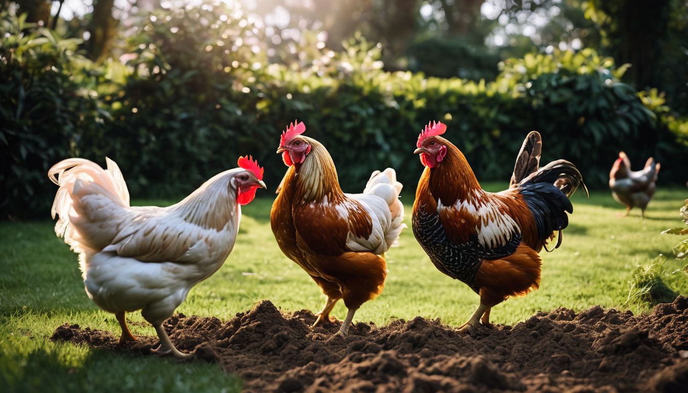 A diverse group of chickens pecking at the soil in a lush garden.