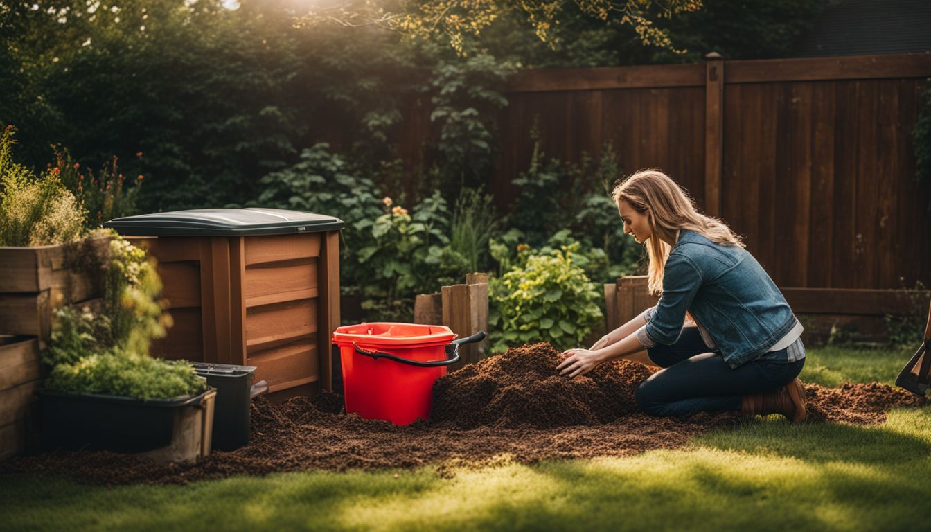 A person composting in a backyard garden surrounded by various materials, taken with a high-quality camera for a crisp, realistic image.