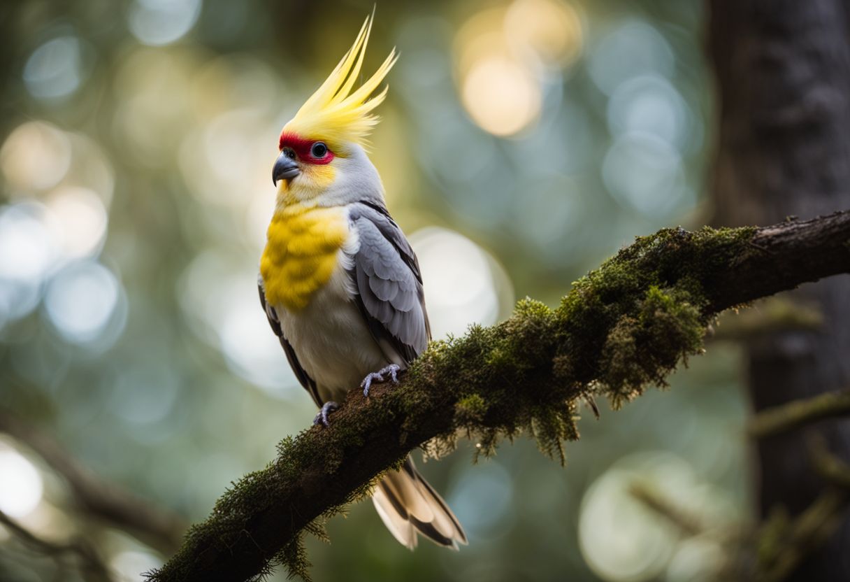 A cockatiel peacefully perched in a forest, captured in high-quality photography.