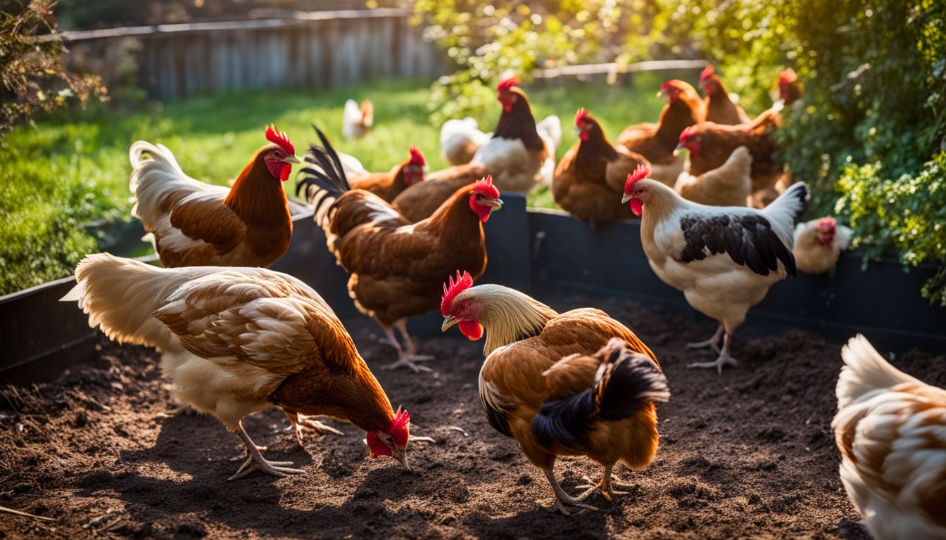 A flock of chickens pecking at a compost pile in a garden, captured in a well-lit and sharp photograph.