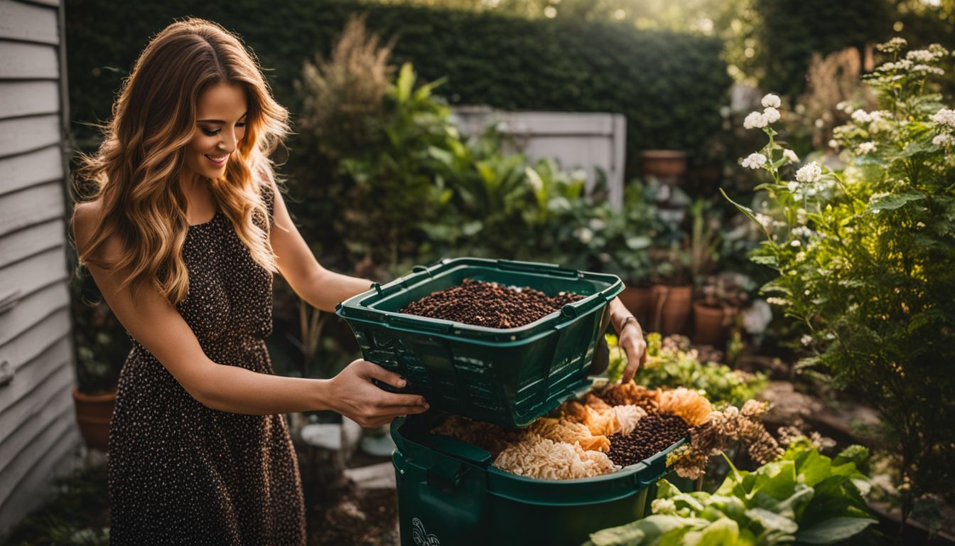 A person with a compost bin surrounded by a thriving garden, featuring diverse people, nature photography, and various camera brands.