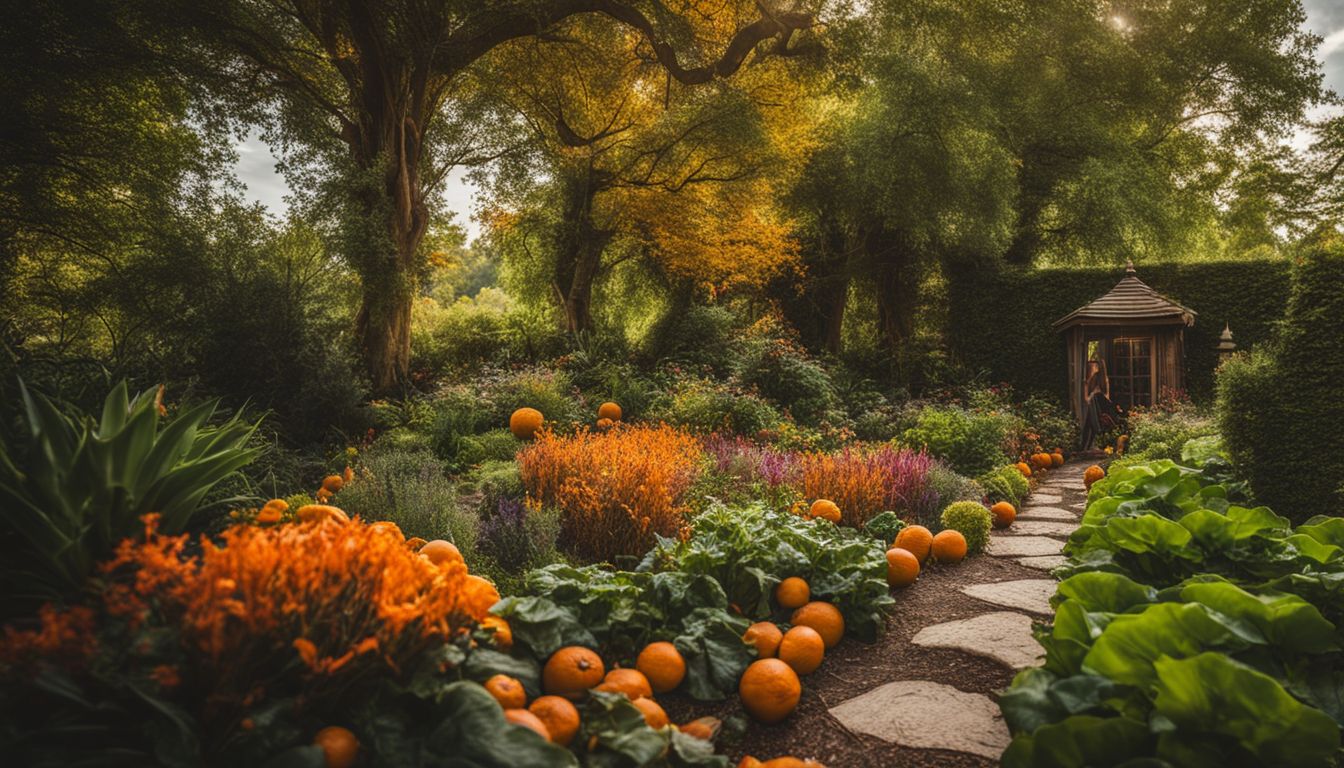 A well-maintained garden surrounded by orange peels, featuring diverse people with various styles and outfits.