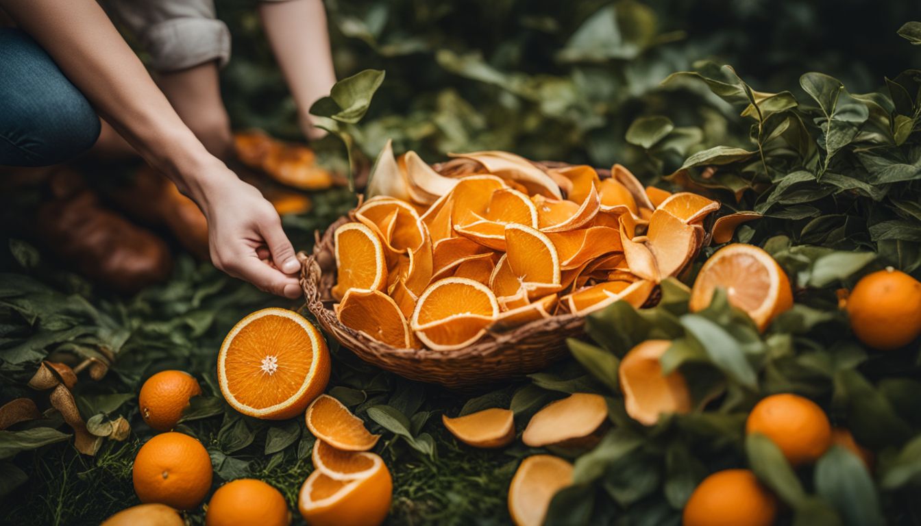 A pile of orange peels arranged near plants in a bustling atmosphere, captured in a vivid and detailed photograph.