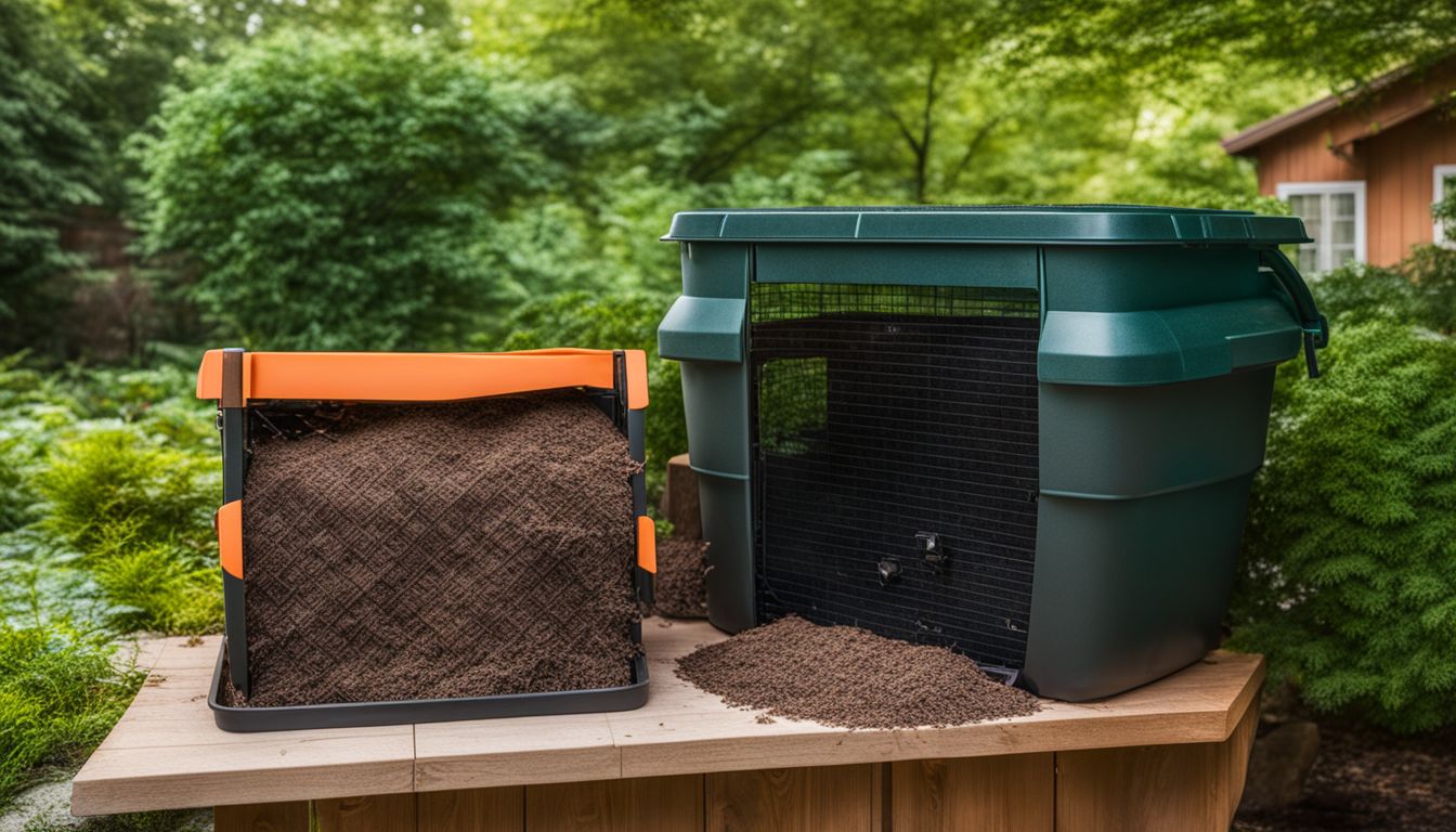 A rodent-proof compost bin in a backyard garden, surrounded by different people with unique looks and outfits.