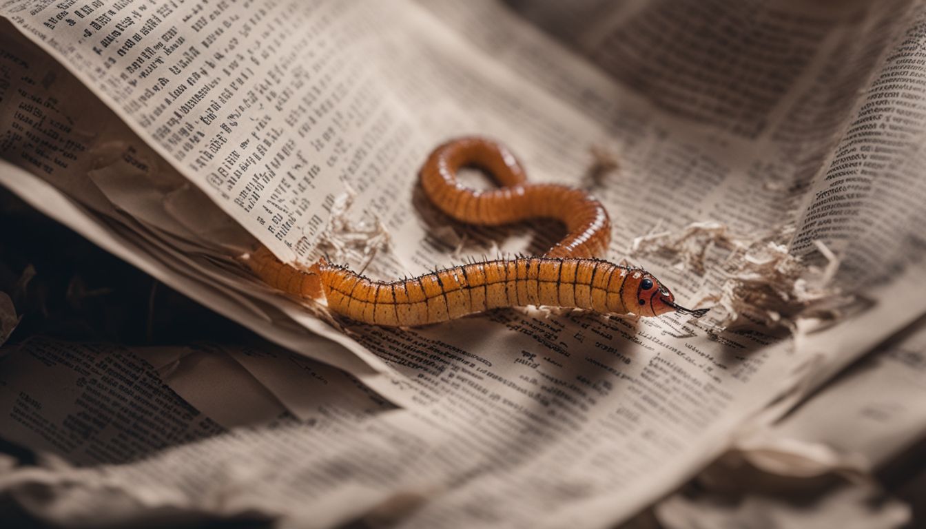 A photo of a worm crawling on shredded newspaper with a diverse group of people in various styles and outfits.