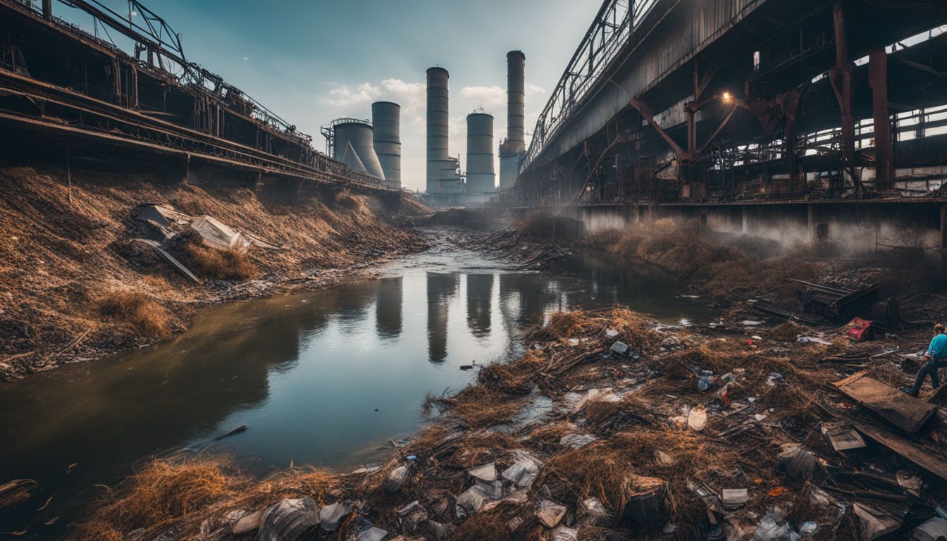A photo of a polluted river surrounded by industrial waste, showing a variety of people and their diverse appearances.