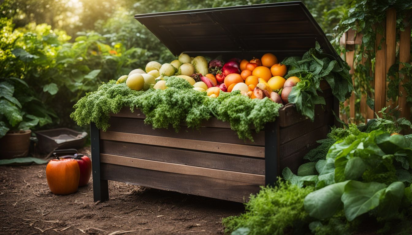 A compost bin surrounded by a lush garden, featuring a diverse group of people and various organic materials.