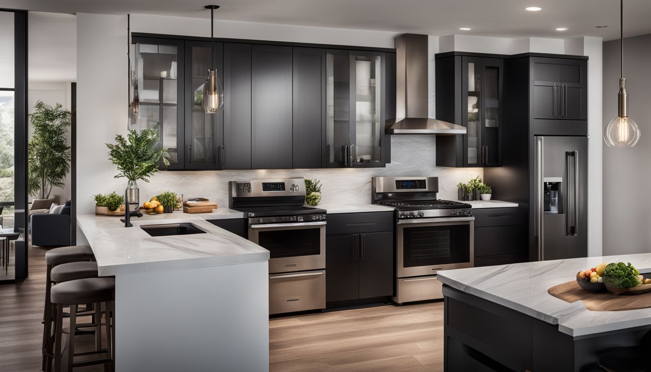 A photo featuring a modern kitchen with black stainless steel appliances and a variety of subjects, taken with professional equipment.