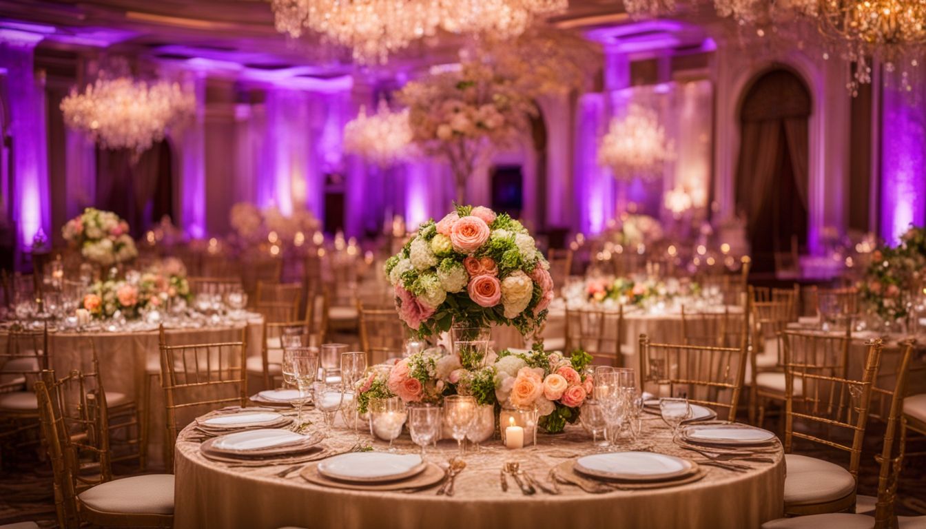 Et vakkert dekorert mottakelsessal med elegante bordinnstillinger og blomsteroppsatser.