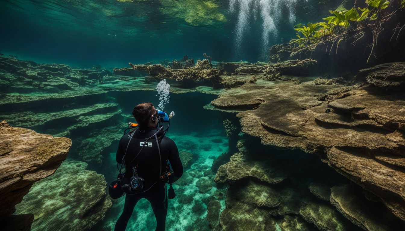Ein Taucher erkundet eine kristallklare Cenote unter Wasser.