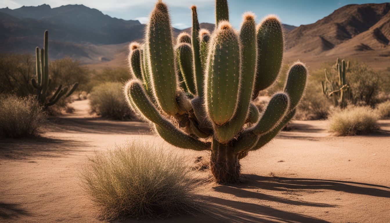 A tall Peruvian apple cactus in a vibrant desert landscape.