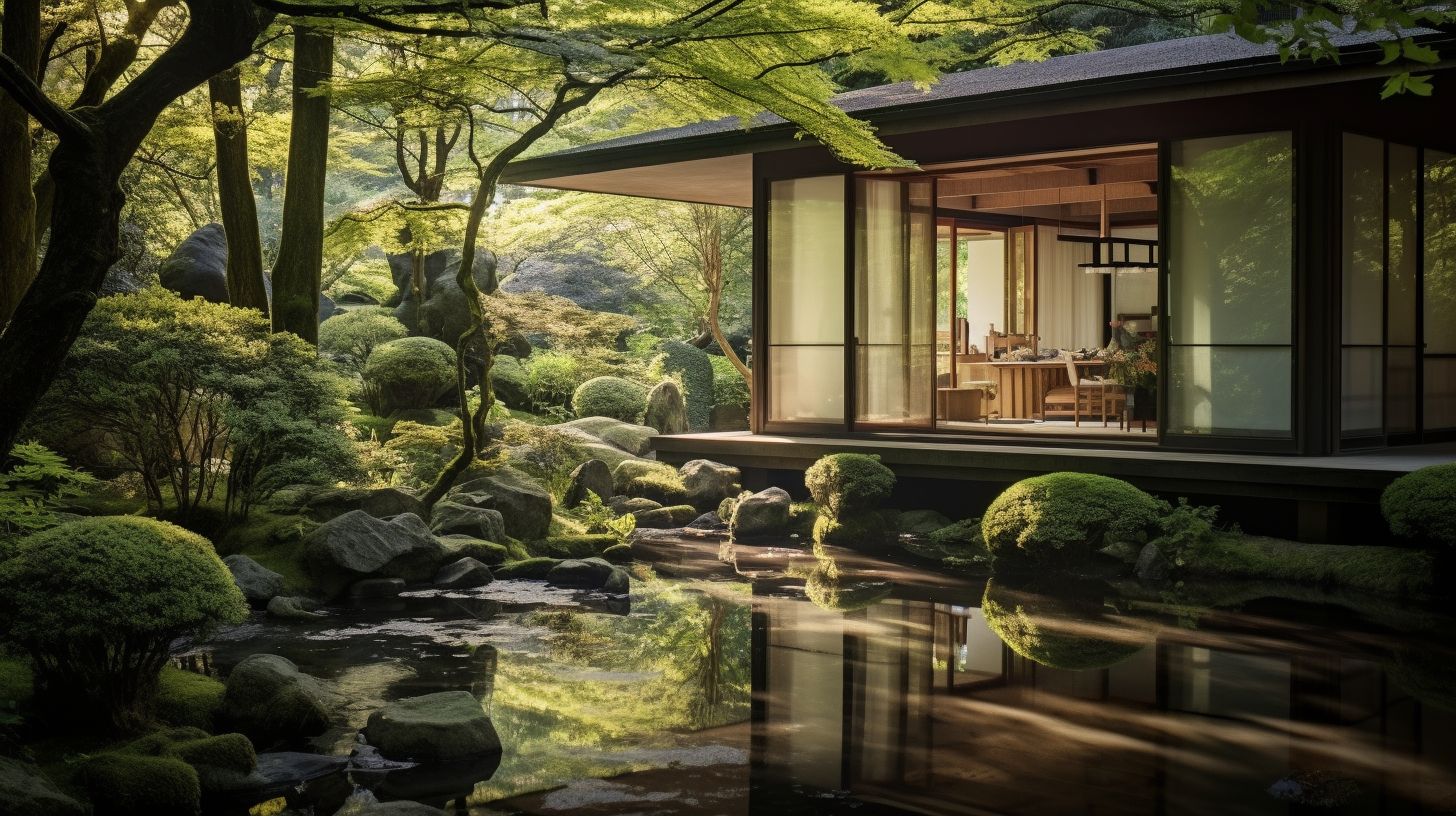 The image portrays a tranquil Japanese tea house in a garden.