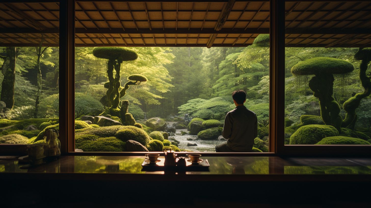The image portrays a tranquil Japanese tea house in a garden.