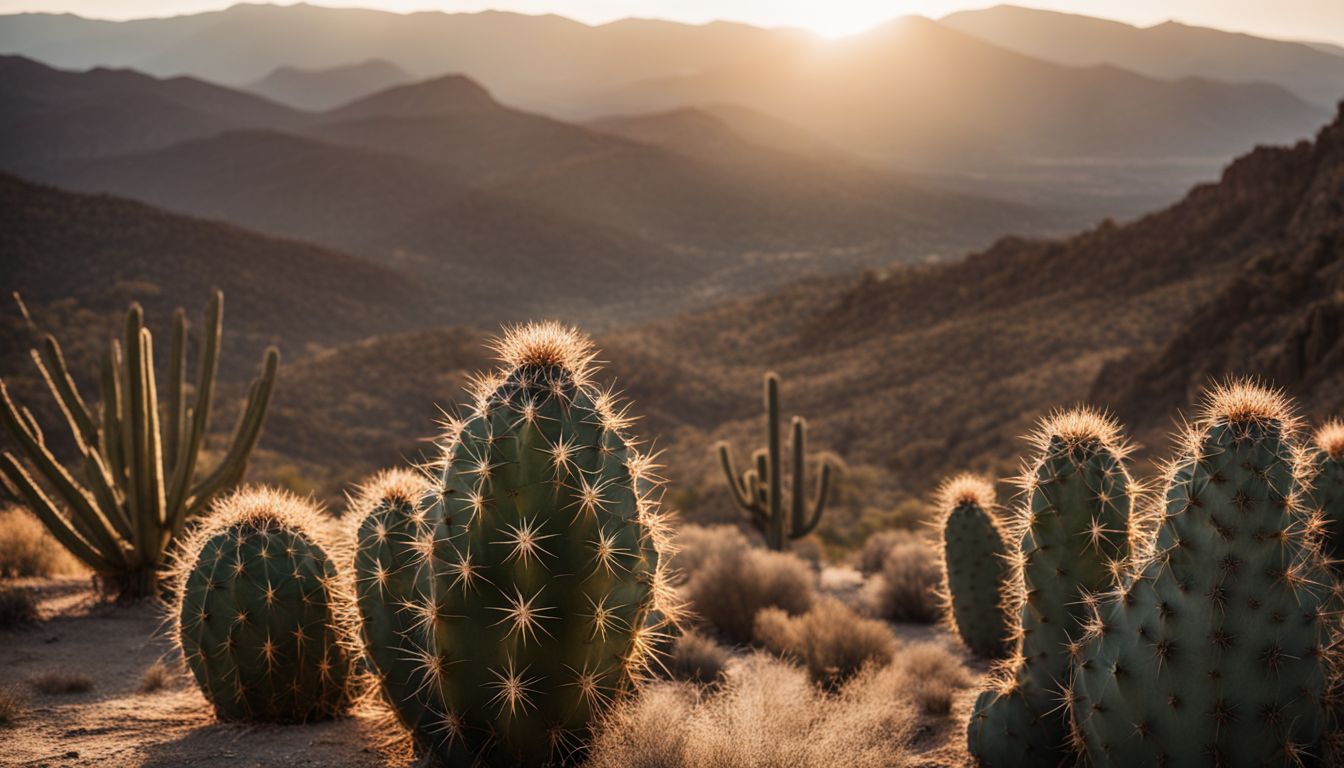 A picturesque arrangement of various cactus species in a desert landscape.