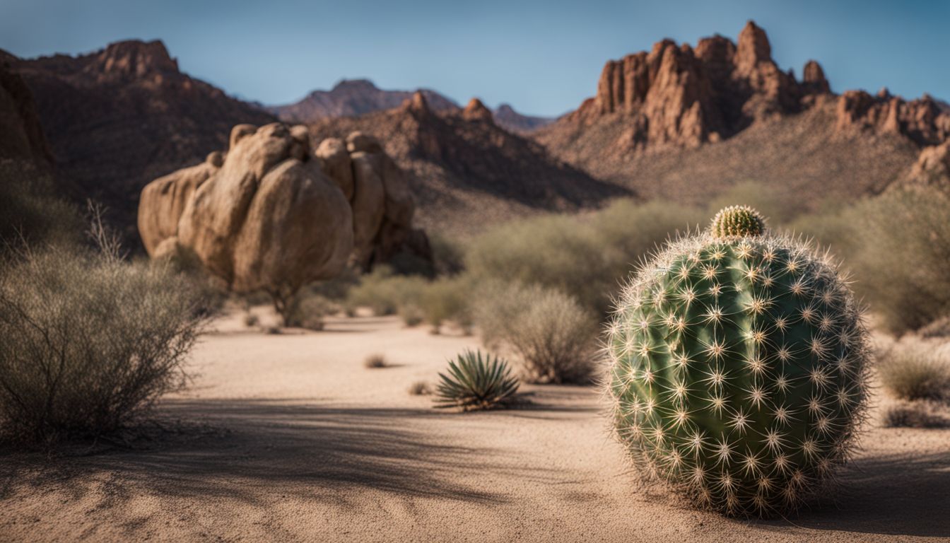 A photo of a tall cactus in a desert landscape.